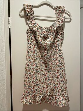 Avantlook Cream Floral Mini Dress with Red & Blue Accents